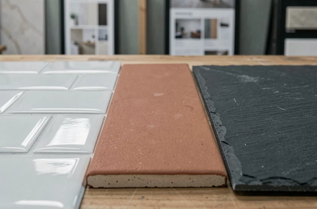 Comparaison de trois échantillons de carrelage cuisine posés sur un plan de travail en bois dans un showroom de design