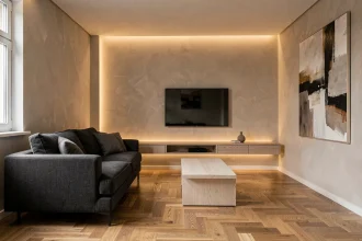 Salon contemporain avec éclairage indirect intégré derrière un meuble TV suspendu, ambiance chaleureuse et moderne