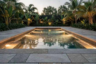 Éclairage LED autour d'une piscine extérieure moderne avec bandeaux lumineux encastrés dans le liner de margelles au crépuscule