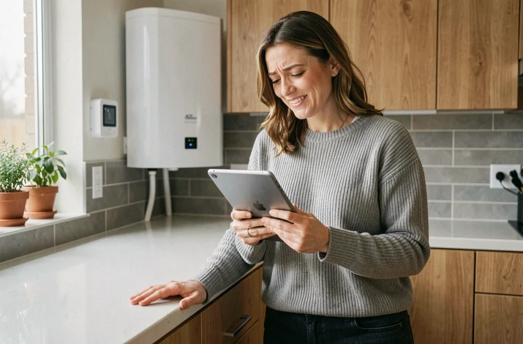 Femme consultant sa facture énergétique réduite sur une tablette dans une cuisine moderne équipée d'une pompe à chaleur