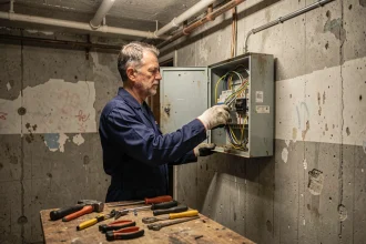 Électricien professionnel inspectant un ancien tableau électrique dans une cave résidentielle