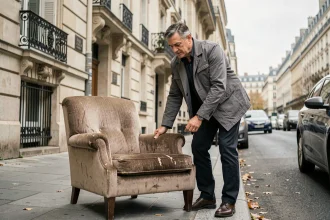 Homme déposant un fauteuil encombrant sur le trottoir d'une rue du 15e arrondissement de Paris