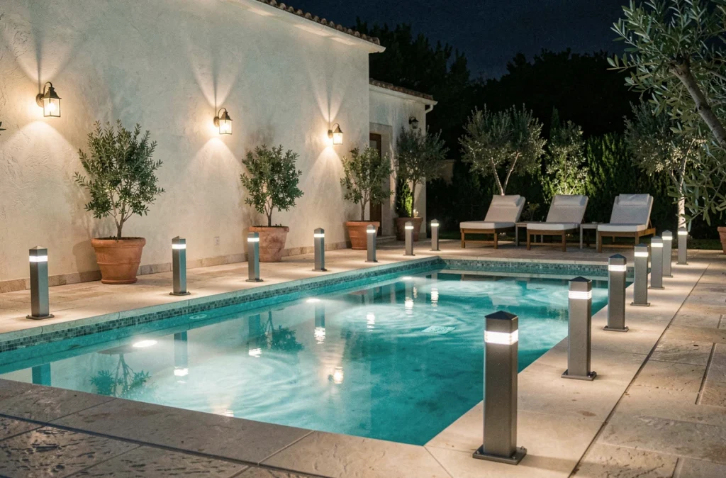 Ensemble d'éclairages extérieurs coordonnés autour d'une piscine de jardin privé la nuit avec bornes de terrasse et lumières immergées