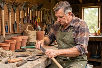 Homme entretenant une bêche avec une lime métallique dans un atelier de jardinage rustique rempli d'outils accrochés au mur