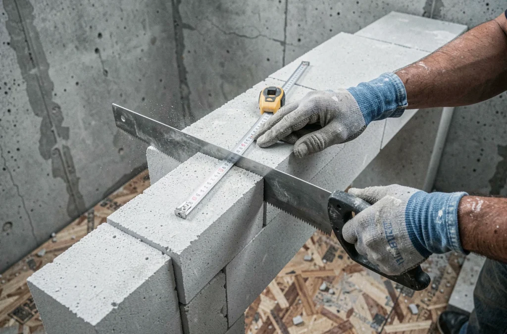 Fabrication artisanale d'un meuble de salle de bain en béton cellulaire avec découpe et assemblage des blocs