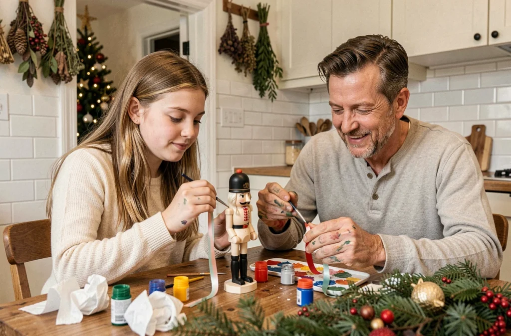 Père et fille décorant ensemble des figurines casse-noisette en bois dans une cuisine familiale pendant les fêtes de Noël