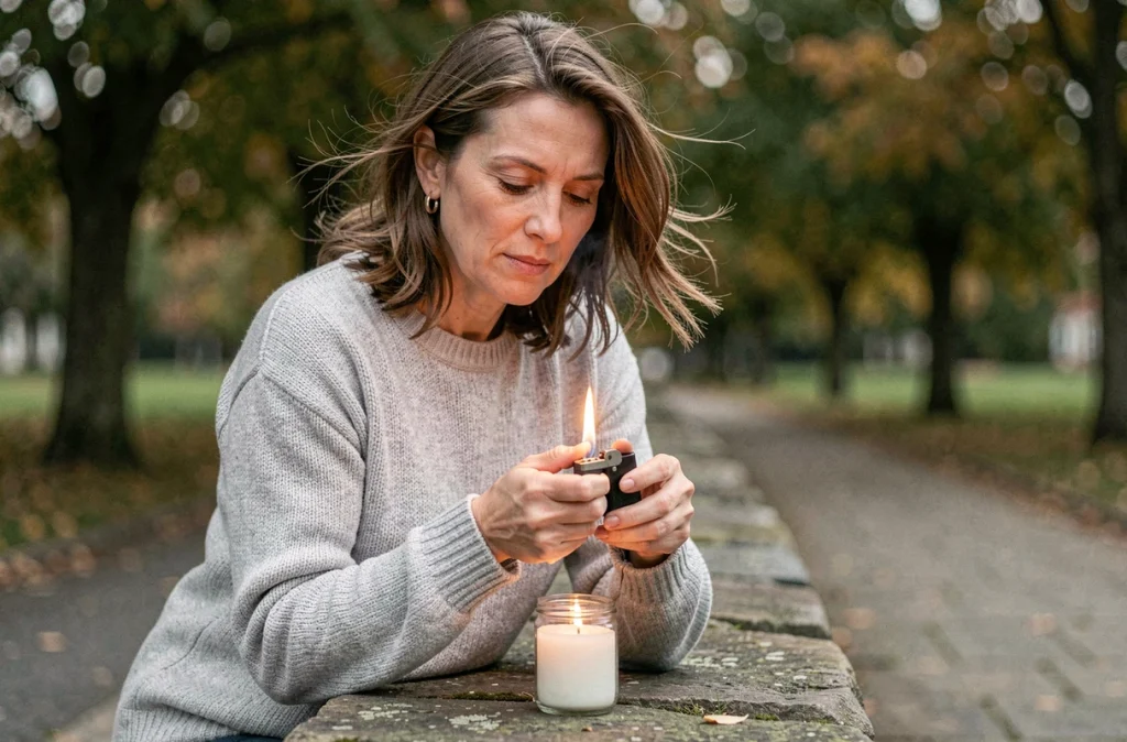 Femme utilisant un briquet à essence par vent en extérieur dans un parc en automne