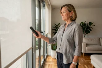 Femme actionnant la commande murale de volets roulants motorisés dans un salon moderne