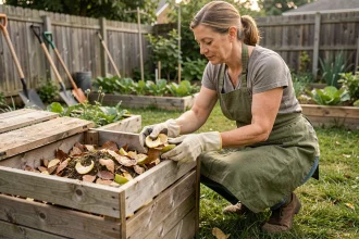 Femme au jardin qui alimente un composteur en bois avec des déchets verts et des épluchures de légumes