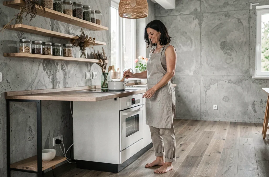 Femme cuisinant sur parquet en frêne fumé dans une cuisine scandinave épurée