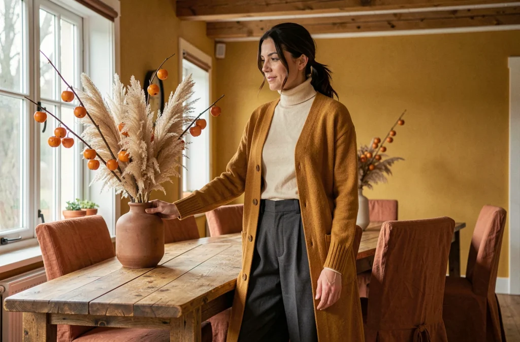 Femme en cardigan ocre dans une salle à manger décorée aux tons chauds avec mur safran et table en chêne