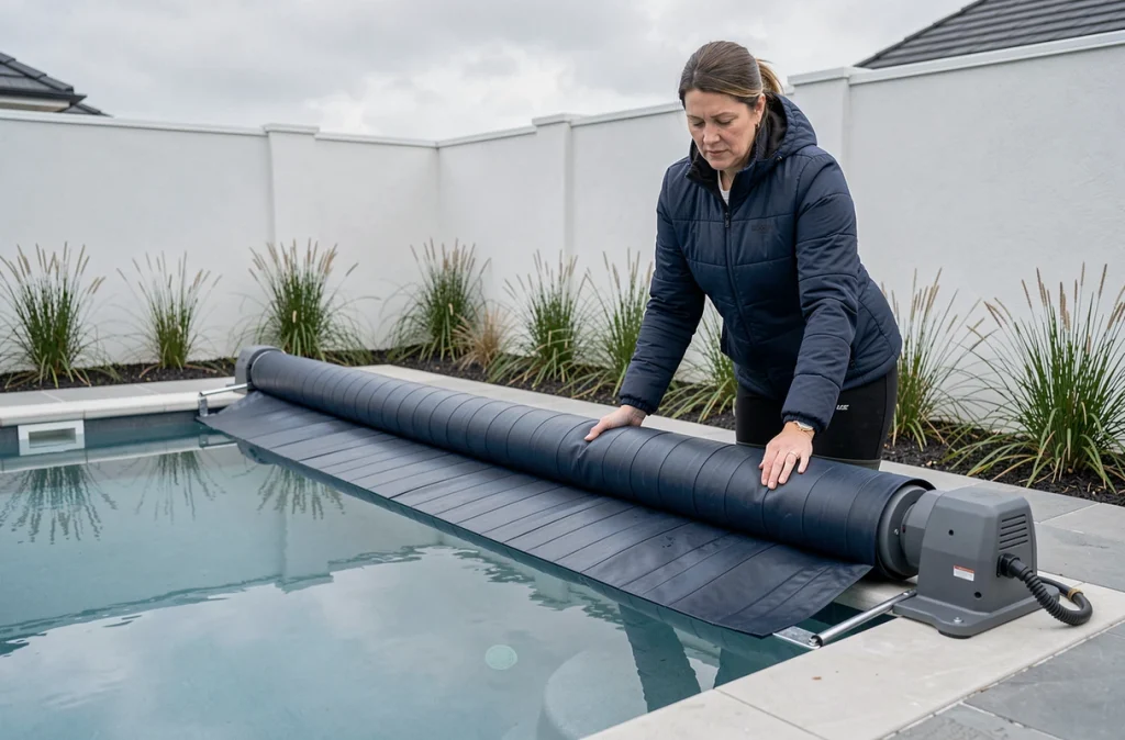 Femme déployant une bâche à barres motorisée sur une piscine rectangulaire dans un jardin moderne au printemps