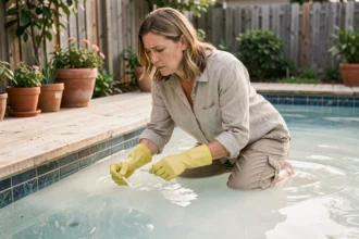 Femme examinant l'eau trouble d'une piscine après un surdosage de clarifiant, tenant un bandelette de test chimique au bord de la piscine
