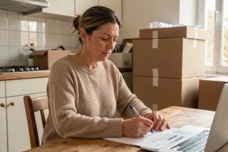 Femme remplissant un formulaire administratif pour informer son fournisseur d'énergie avant un déménagement, entourée de cartons dans une cuisine d'appartement