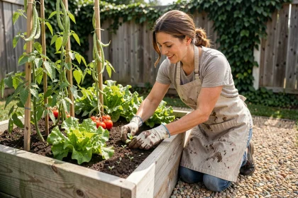 Femme jardinant dans un carré potager en bois rempli de légumes verts et de plants de tomates dans un jardin ensoleillé