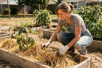 Femme jardinière appliquant du paillage de paille autour de plants de tomates dans un potager en été