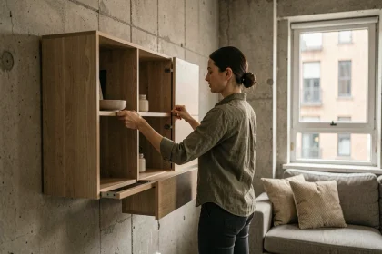 Femme aménageant un meuble modulable dans un petit appartement urbain en béton