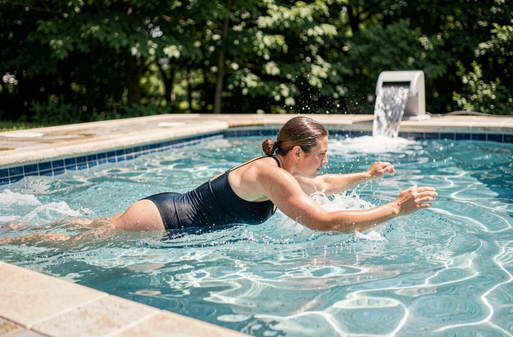 Femme nageant contre un courant puissant dans une piscine résidentielle équipée d'un système de nage à contre-courant