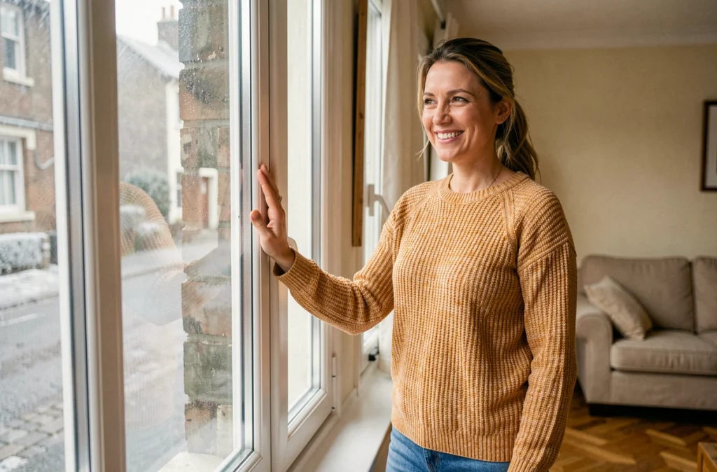Femme appréciant l'isolation thermique d'une nouvelle fenêtre à double vitrage dans un salon chaleureux en hiver