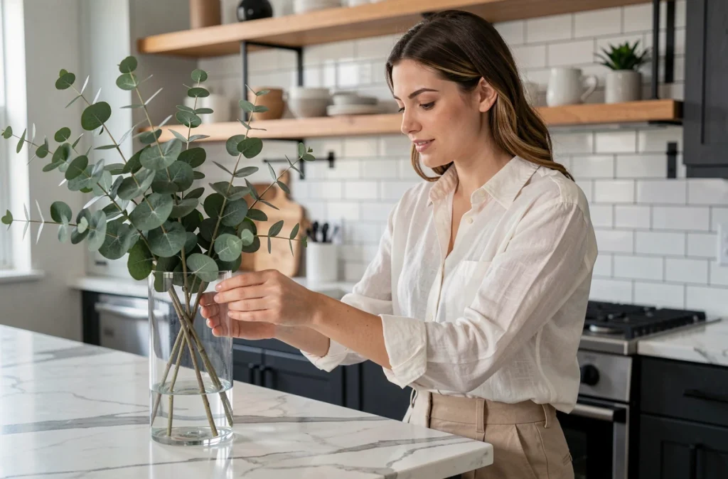 Femme arrangeant des tiges d'eucalyptus artificielles dans un vase en verre sur un îlot de cuisine moderne en marbre