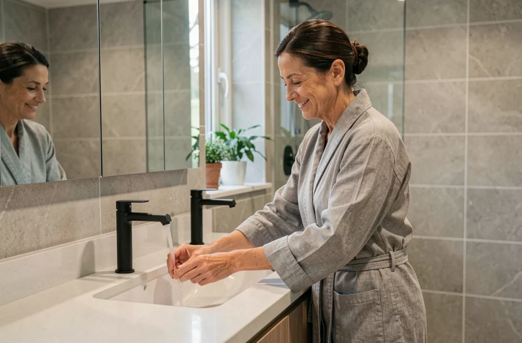 Femme en robe de bain profitant d'une salle de bains rénovée avec double vasque en quartz et robinetterie noire mate