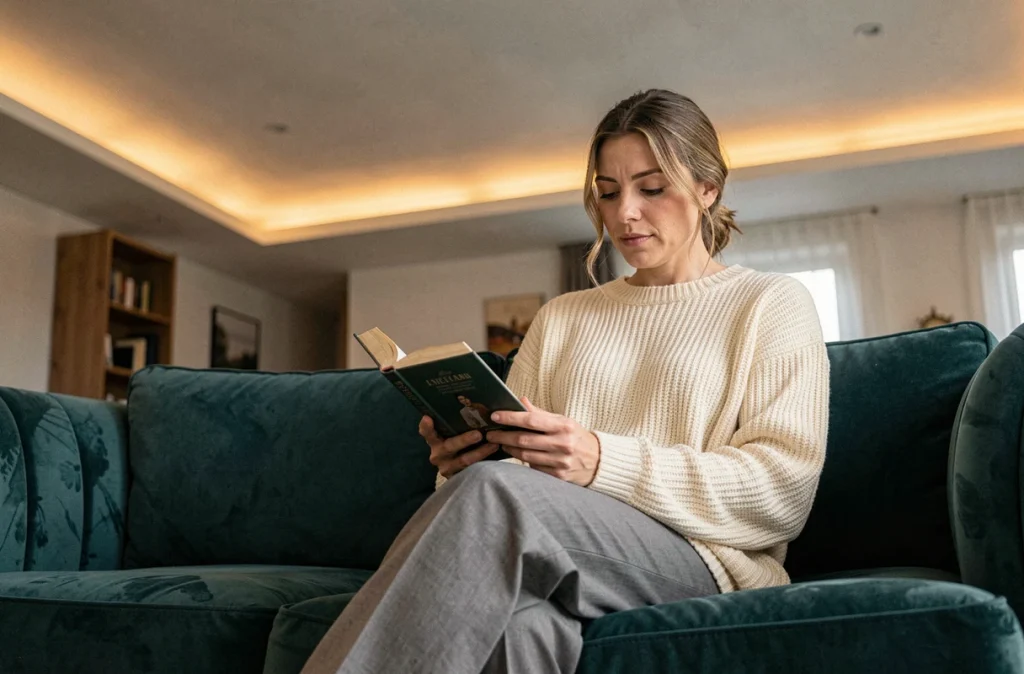 Femme lisant dans un salon contemporain éclairé par un éclairage indirect en corniches plafonnières, atmosphère cosy
