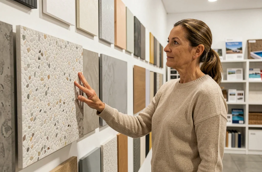 Femme comparant des échantillons de revêtements de piscine dans un showroom spécialisé