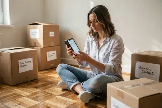 Femme organisant le suivi de son courrier sur smartphone entourée de cartons de déménagement