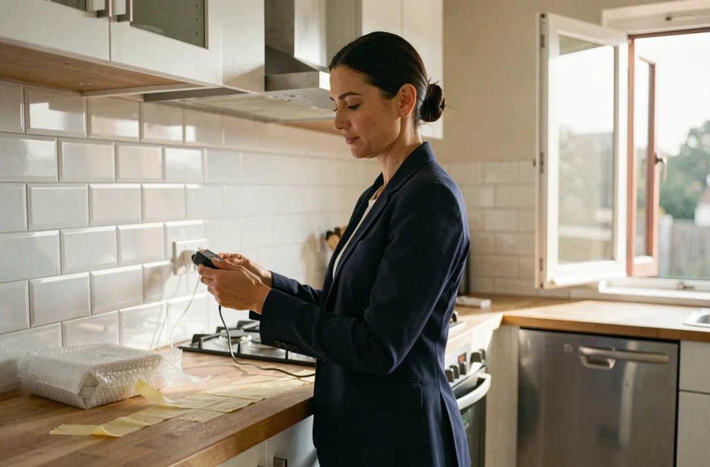 Femme testant une prise électrique dans une cuisine lors d'une vérification avant remise des clés d'appartement