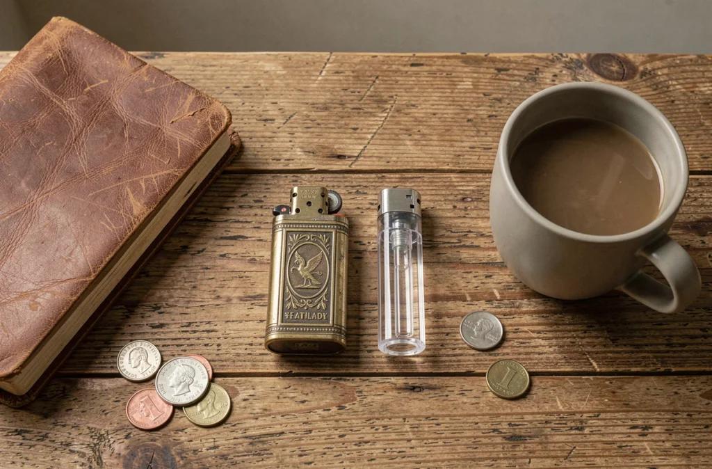 Flat-lay de deux briquets essence et gaz posés sur une table en bois avec accessoires du quotidien