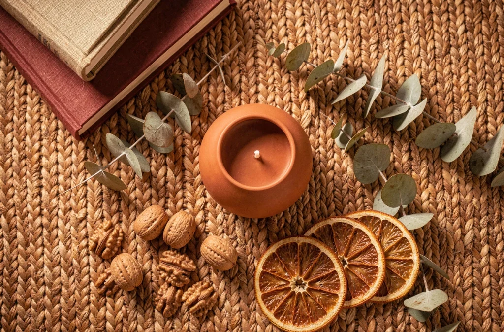 Flat lay décoratif aux tons chauds avec bougeoir terracotta, livres lin cognac et épices d'hiver sur tapis cannelle