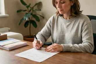 Femme remplissant un formulaire de changement d'adresse auprès du gestionnaire de réseau à son bureau