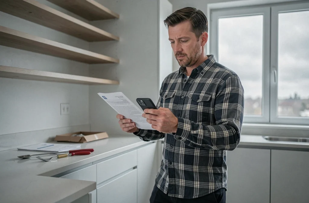 Homme debout dans une cuisine vide après un emménagement, tenant une facture EDF et un smartphone pour gérer son changement d'abonnement électrique.