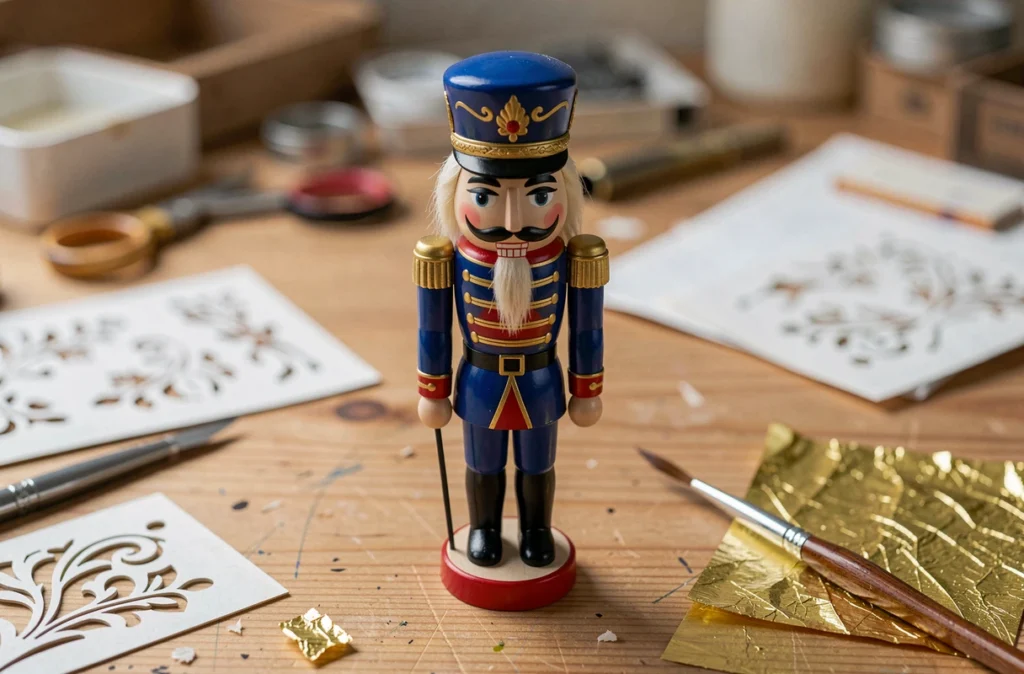 Gros plan d'une figurine casse-noisette en bois peinte à la main avec des accessoires de personnalisation artisanale