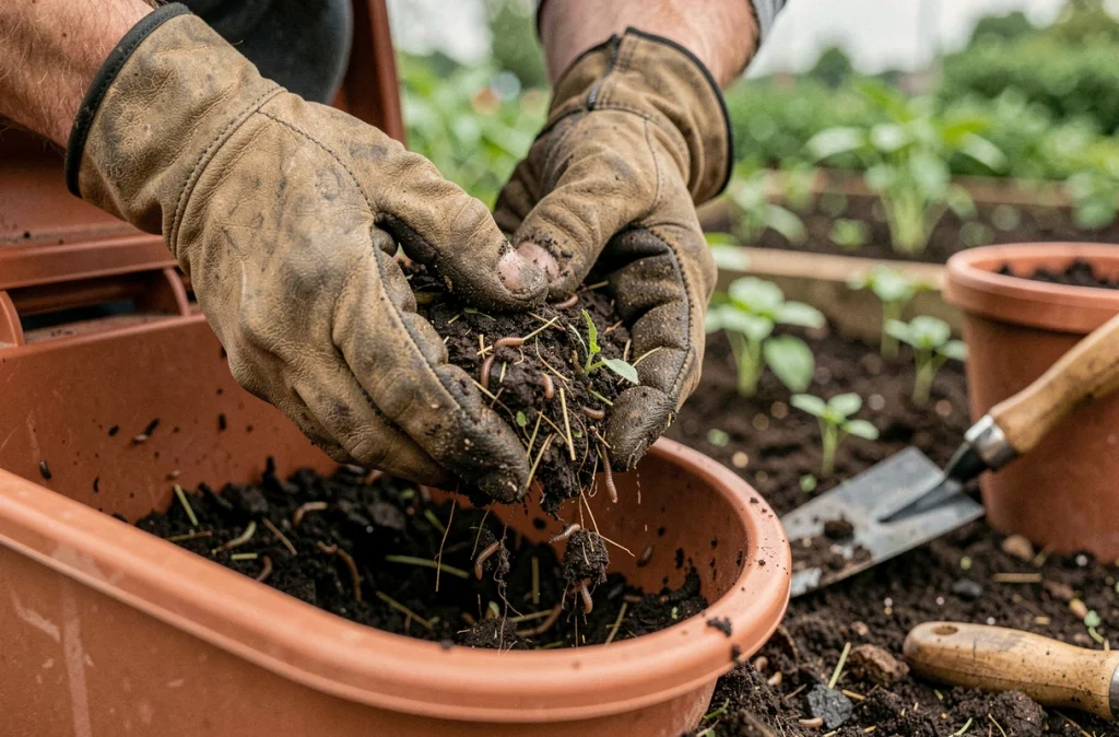 Gros plan sur du compost mûr prélevé à la base d'un composteur dans un potager