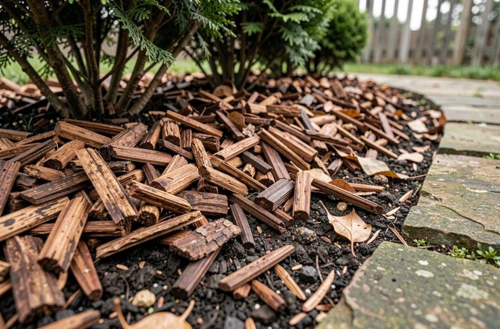 Gros plan sur une couche épaisse de paillage en copeaux de bois protégeant le sol d'un massif de jardin en été