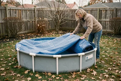 Femme hivernant une piscine hors-sol en pliant la bâche protectrice dans un jardin en automne