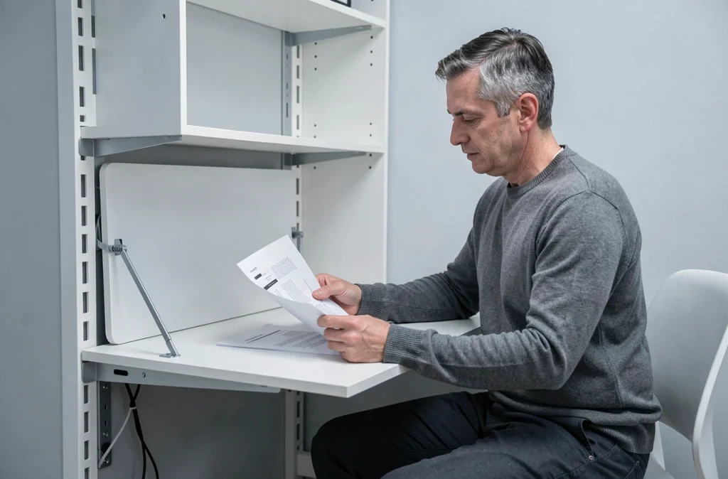 Homme travaillant à un bureau mural rabattable dans un coin bureau modulable de petit appartement