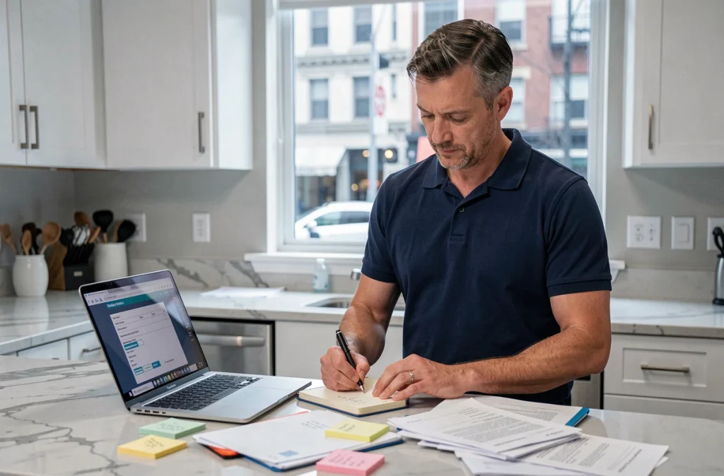Homme complétant un formulaire de changement d'adresse postale sur ordinateur portable dans une cuisine moderne
