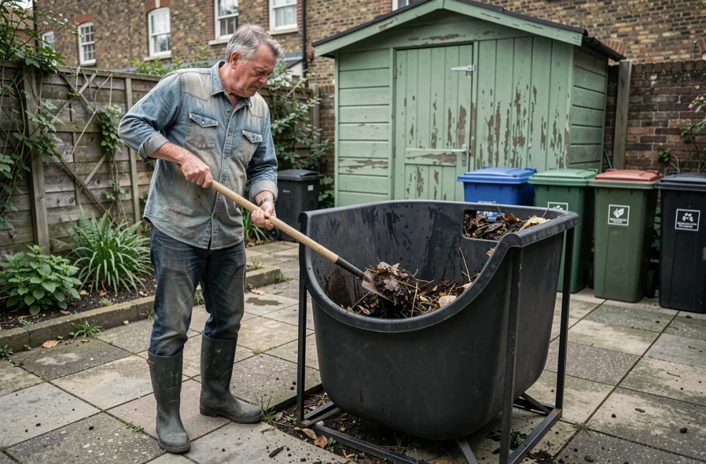 Homme retournant du compost dans un composteur rotatif noir dans un jardin urbain