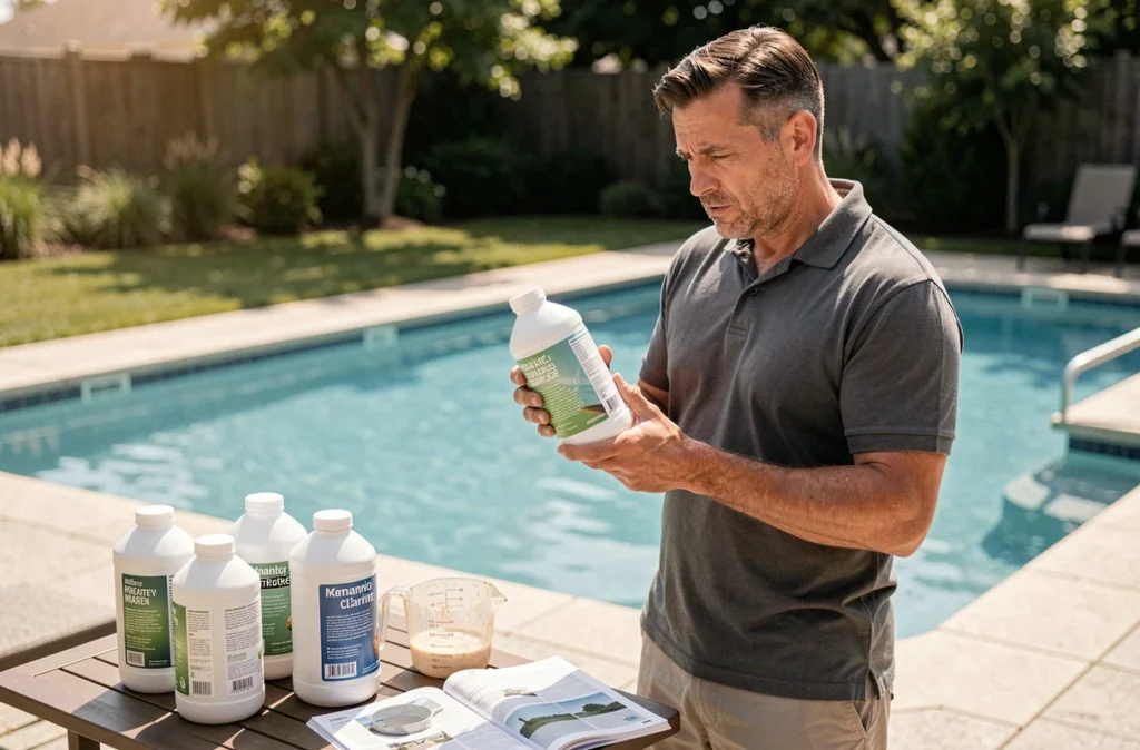 Homme lisant attentivement l'étiquette d'un flacon de clarifiant pour piscine avec des produits chimiques posés sur une table extérieure
