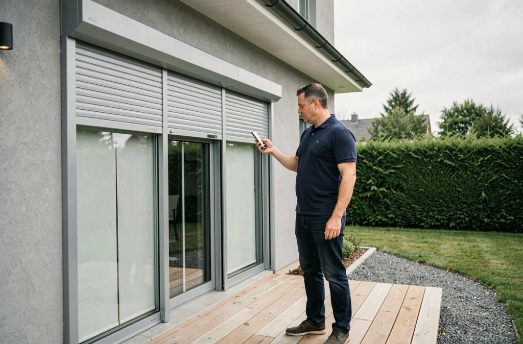 Homme contrôlant des volets roulants motorisés via smartphone depuis la terrasse d'une maison contemporaine