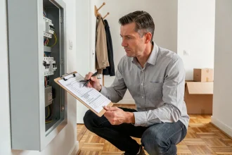 Homme examinant un tableau électrique lors d'un état des lieux de sortie d'appartement avec une liste de vérification