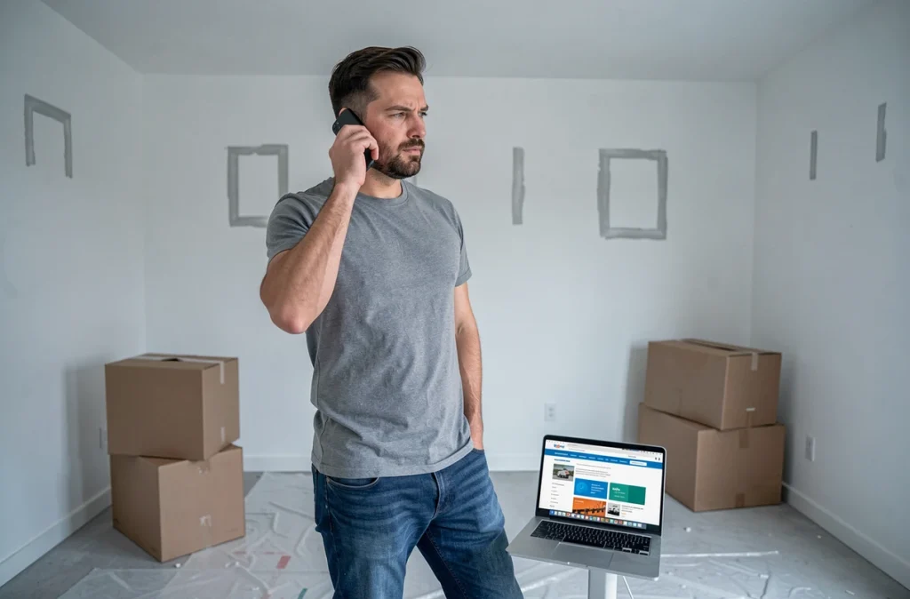 Homme téléphonant à son fournisseur d'énergie dans un appartement vide avant un déménagement, avec un ordinateur portable ouvert sur le sol