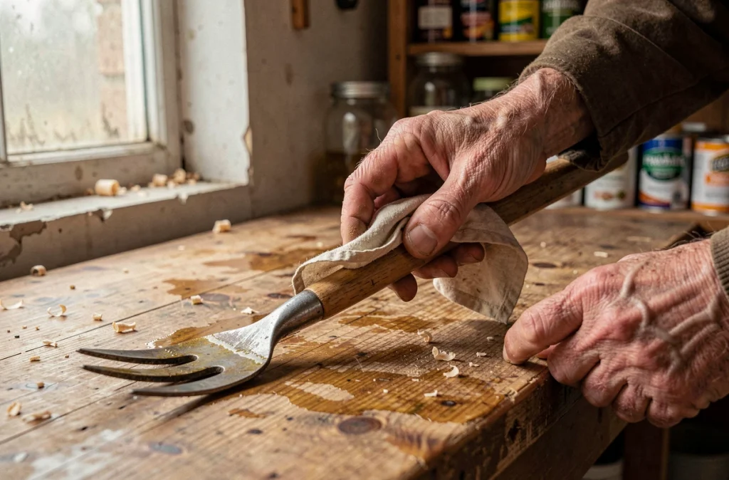 Mains adultes appliquant de l'huile de lin sur le manche en bois d'une fourche de jardin vintage avec un chiffon en coton