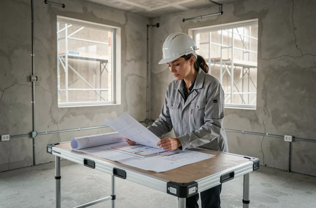 Ingénieure électricienne consultant des plans de câblage électrique sur un chantier de construction de logement neuf