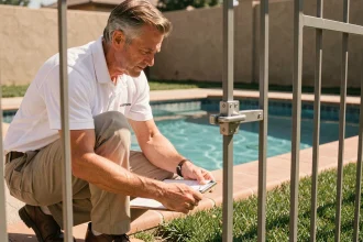 Inspecteur de sécurité vérifiant le loquet d'une clôture de piscine résidentielle