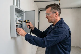 Électricien inspectant un tableau électrique dans un appartement avant remise des clés