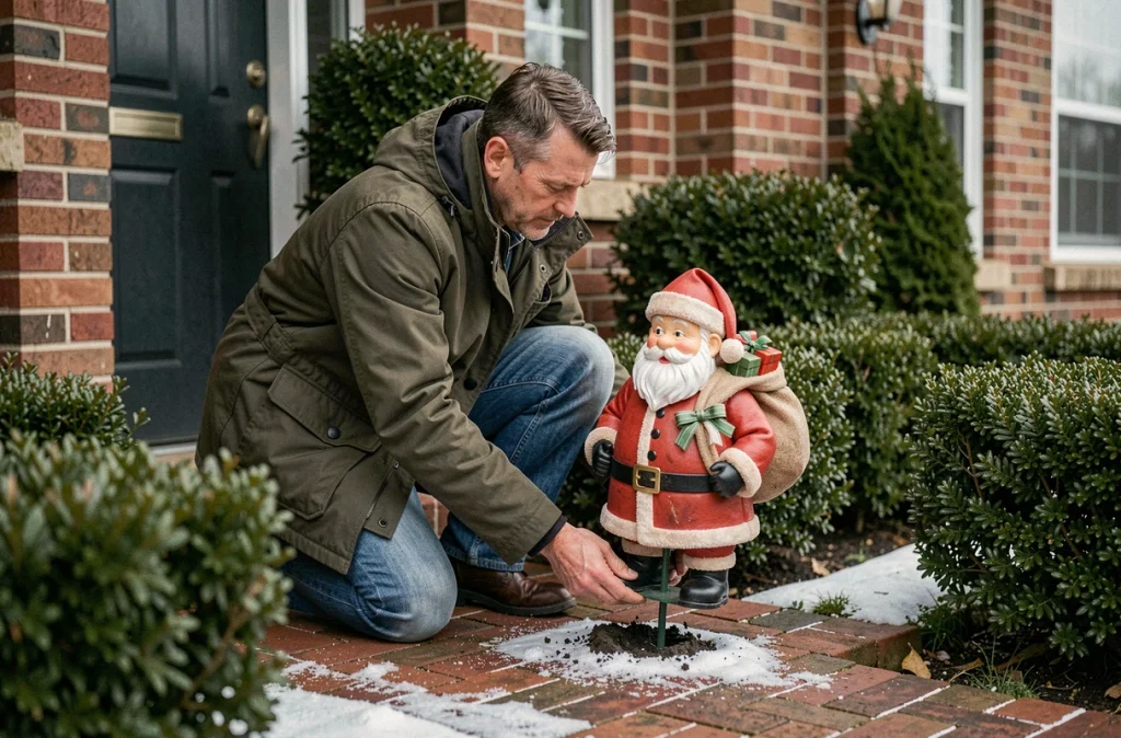 Homme installant une décoration père Noël extérieure sur une allée en briques devant sa maison