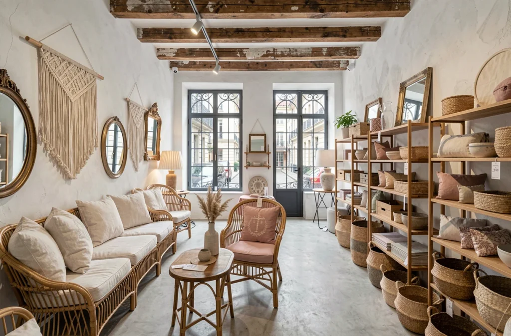 Intérieur d'un magasin de décoration indépendant à Lyon avec mobilier en rotin et accessoires artisanaux